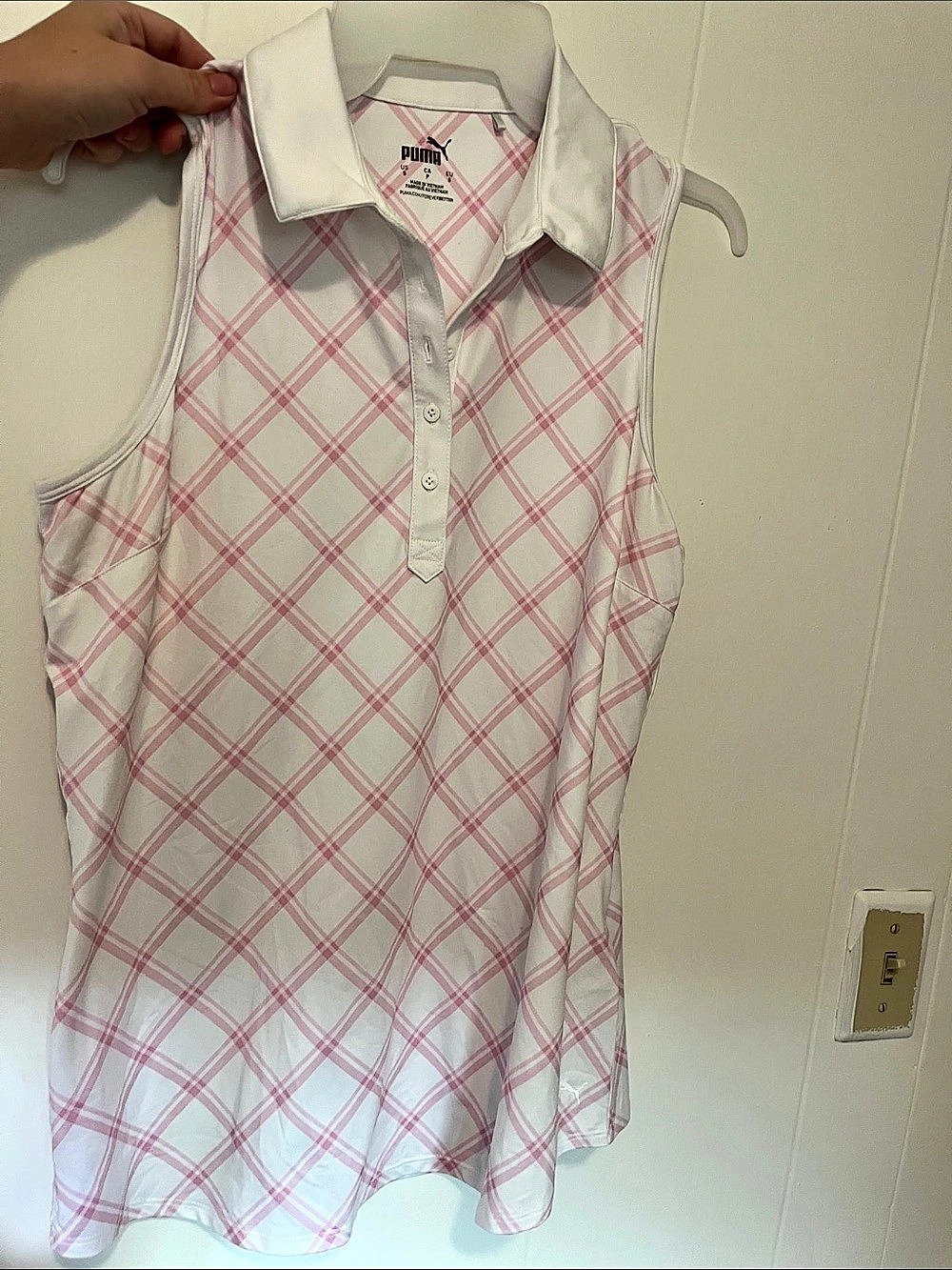 PUMA Plaid Knit Sleeveless Polo Pink & White Small